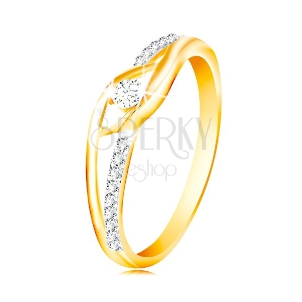 14K gold ring - split and curved shoulders, circular zircon in the middle