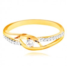14K gold ring - split and curved shoulders, circular zircon in the middle