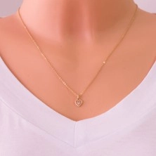 14K gold pendant - heart contour and small heart with clear zircon in the middle