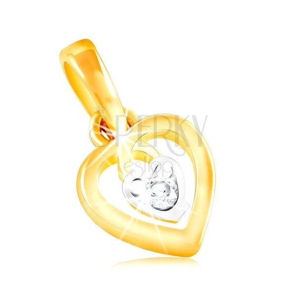 14K gold pendant - heart contour and small heart with clear zircon in the middle