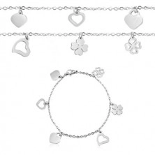 Stainless steel bracelet, hearts and four-leaf clovers, silver colour