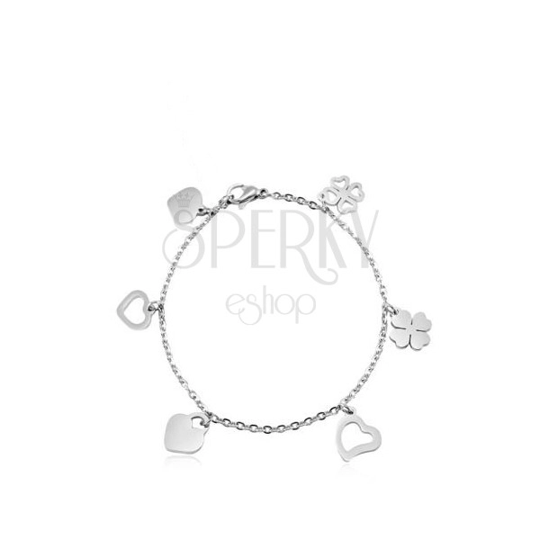 Stainless steel bracelet, hearts and four-leaf clovers, silver colour