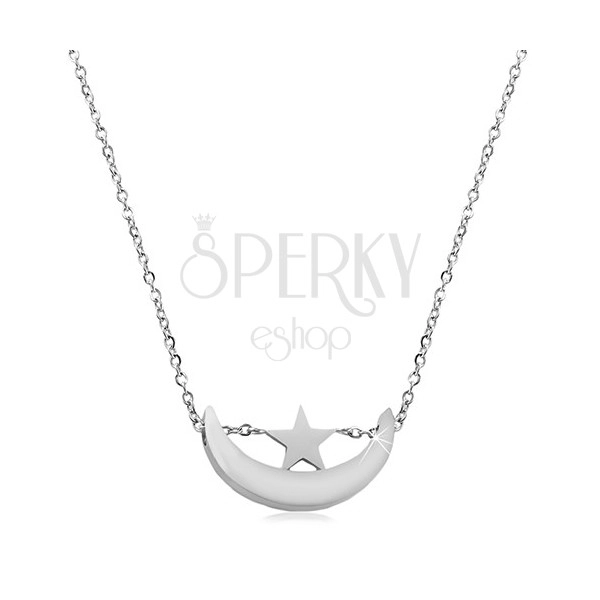 Silver coloured necklace, stainless steel, shiny moon crescent and star