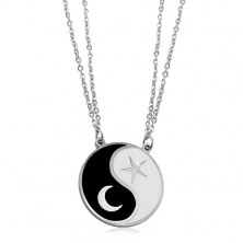 Steel necklace, two chains, black-white Jin Jang symbol, a moon and a star