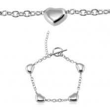 316L steel bracelet, four shiny rounded hearts, silver colour