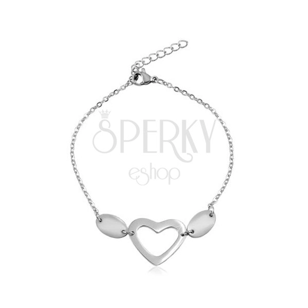 Steel bracelet in silver colour, oval rings, two ovals and a heart contour
