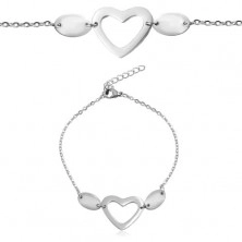Steel bracelet in silver colour, oval rings, two ovals and a heart contour