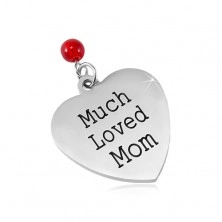 Stainless steel pendant, matte heart with an inscription and a red ball