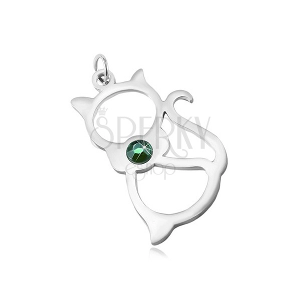 Stainless steel pendant in silver shade, cat contour, green zircon