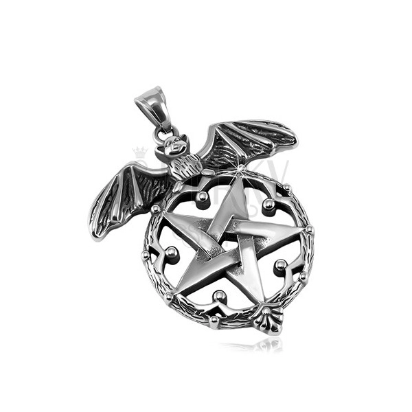 Patinated pendant, 316L steel, bat and pentagram in decorative circle