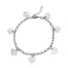 Stainless steel bracelet, shiny flat hearts, silver colour