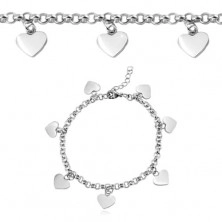 Stainless steel bracelet, shiny flat hearts, silver colour