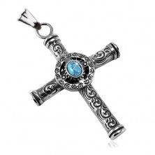 Massive 316L steel pendant, patinated Celtic cross with a blue oval