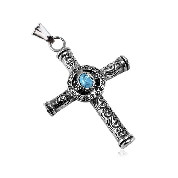 Massive 316L steel pendant, patinated Celtic cross with a blue oval