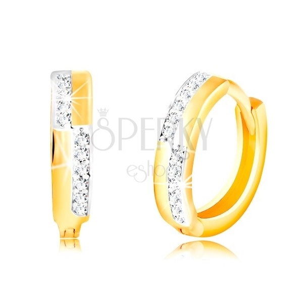 14K gold circular earrings - smooth stripes and clear zircon lines