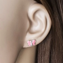 Stud earrings, 925 silver - shiny butterfly with pink glaze