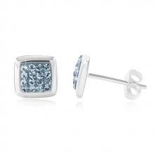 925 silver earrings, shiny square with blue zircon middle