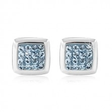 925 silver earrings, shiny square with blue zircon middle