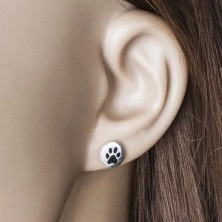 Stud earrings - 925 silver, shiny circle with black paw imprint