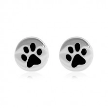Stud earrings - 925 silver, shiny circle with black paw imprint