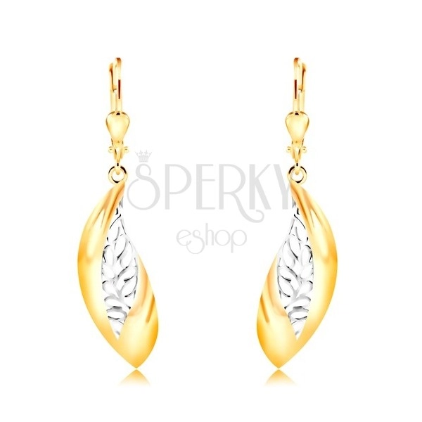 14K gold earrings - big curved leaf, white gold stripe with indents