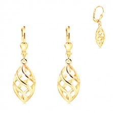 Yellow 14K gold earrings - big grain decorated with lattice made of waves