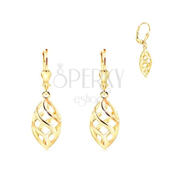 Yellow 14K gold earrings - big grain decorated with lattice made of waves