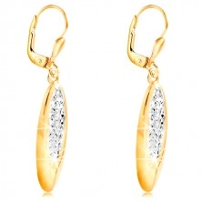 14K gold earrings - dangling oval decorated with tiny indents and white gold 