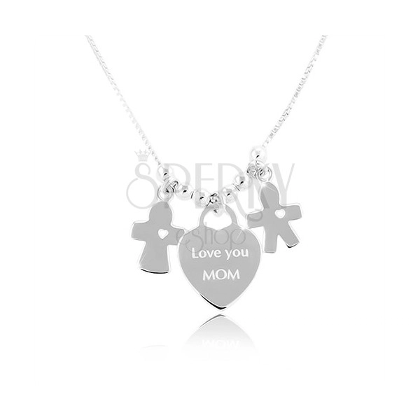 Silver necklace 925, heart with the inscription „Love you MOM“, boy and girl
