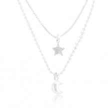 Necklace made of 925 silver, double chain, star and moon