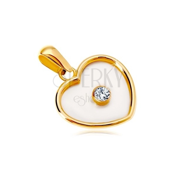Pendant in 14K yellow gold – heart with nacre filling and a clear zircon in the middle