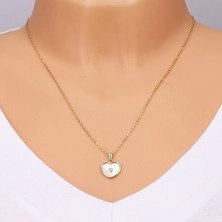Pendant in 14K yellow gold – heart with nacre filling and a clear zircon in the middle