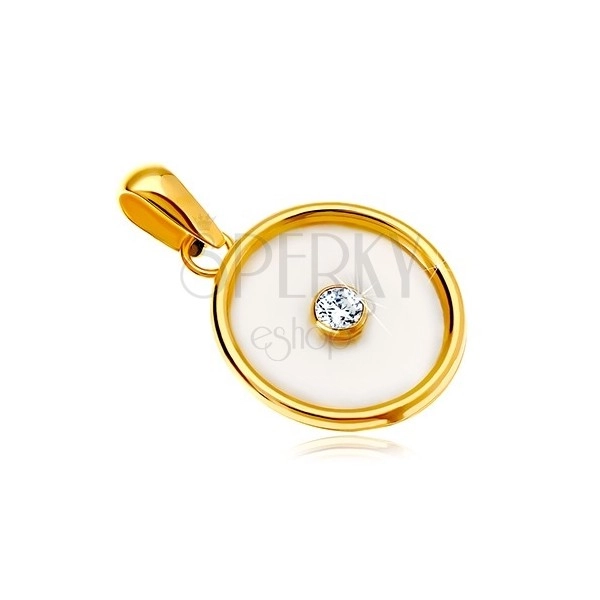 Pendant in 14K yellow gold – circle with nacre filling and a clear zircon in the middle 