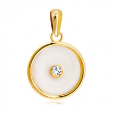 Pendant in 14K yellow gold – circle with nacre filling and a clear zircon in the middle 