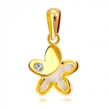 585 gold pendant – a flower with a round zircon and a half of white nacre