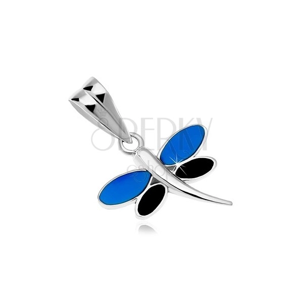 Pendant made of 585 white gold – dragonfly with light blue and dark blue glaze on the wings