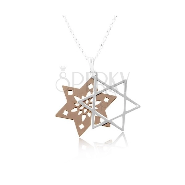 Necklace made of 925 silver, double star with cut-outs, copper and silver colour