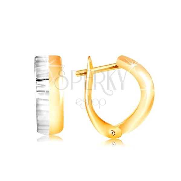 Gold earrings 585 - convex arc made of yellow and white gold, straight cuts