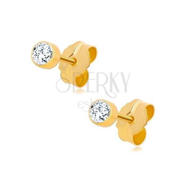 Earrings in 14K gold - round clear zircon in a mount, 3 mm