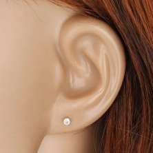 Earrings in 14K gold - round clear zircon in a mount, 3 mm
