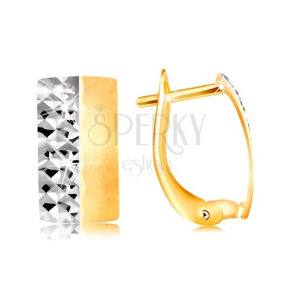Earrings in 585 gold - matt strip with matt yellow and shiny white half