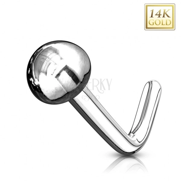 14K gold curved nose piercing - shiny smooth half-ball, white gold