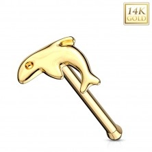 Straight nose piercing made of 585 yellow gold - small shiny dolphin