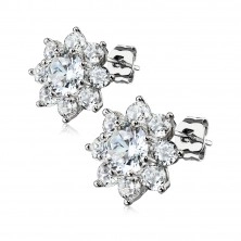 Steel earrings, shiny flower made of round clear zircons, stud closure
