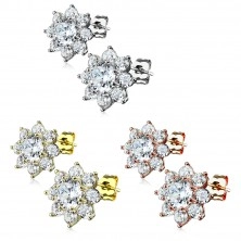 Steel earrings, shiny flower made of round clear zircons, stud closure