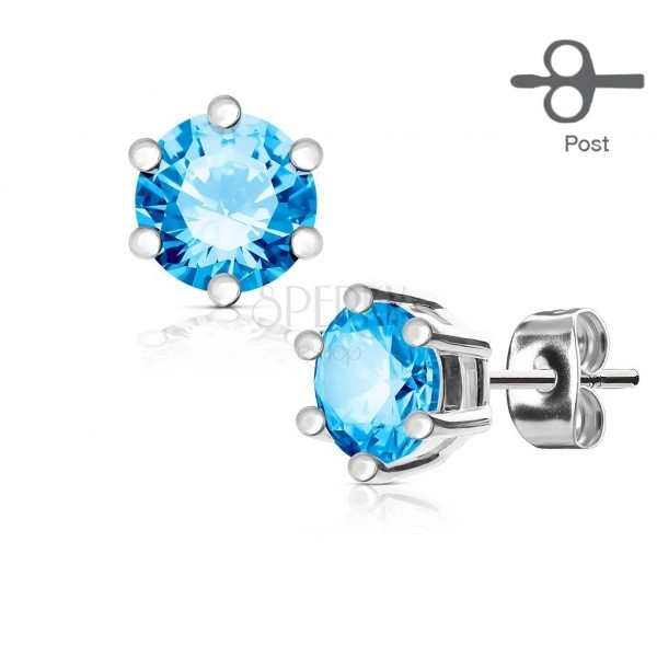 316L steel earrings in silver colour, round blue zircon in a pin mount