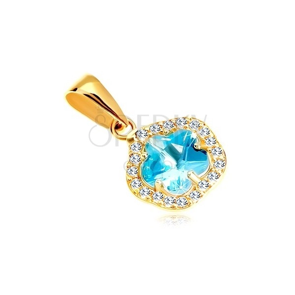 Yellow 14K gold pendant - flower of blue synthetic aquamarine and zircons