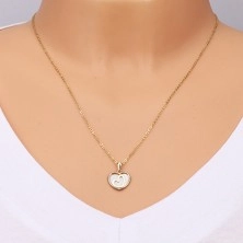 Yellow 14K gold pendant - heart with mother-of-pearls and a diagonal heart contour in the middle