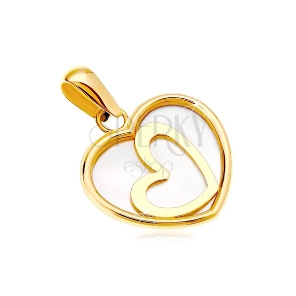 Yellow 14K gold pendant - heart with mother-of-pearls and a diagonal heart contour in the middle