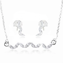 925 silver set, earrings and necklace - wave made of clear zircons
